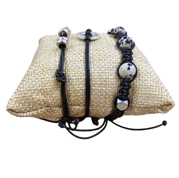 Genuine Leather + Stainless Steel + Dalamatian Jasper Boho Bracelet Set of 3 - Picture 2 of 5